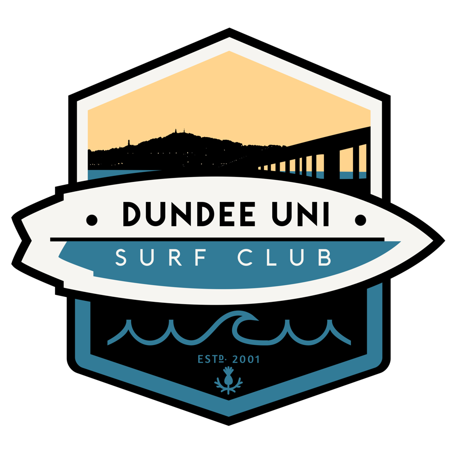 A sports club style emblem, with a surf board motive overlaid over a landscape of Dundee.