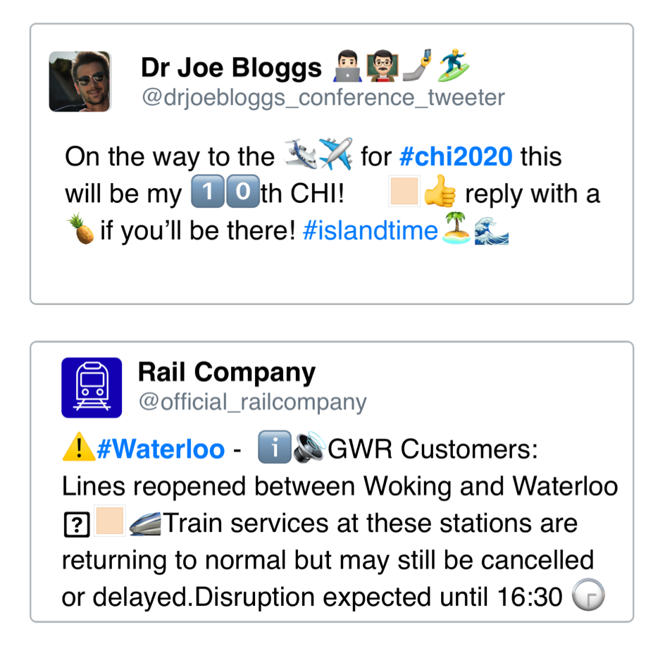 Two tweets are shown both contain various emoji.